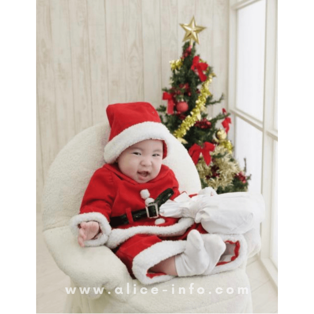 スタジオアリスでクリスマスに撮影したリスの着ぐるみを着た0歳の男の子の写真