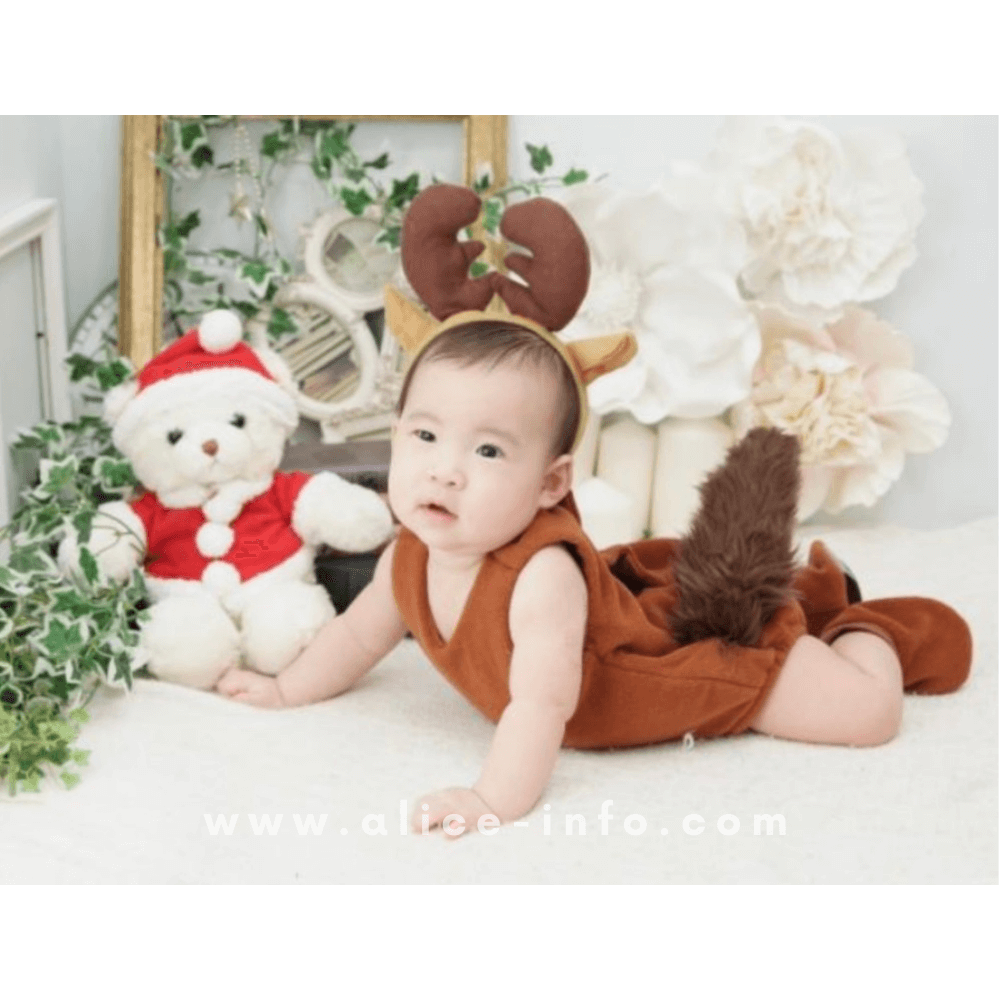 スタジオアリスでクリスマスに撮影した着ぐるみを着た0歳の男の子の写真