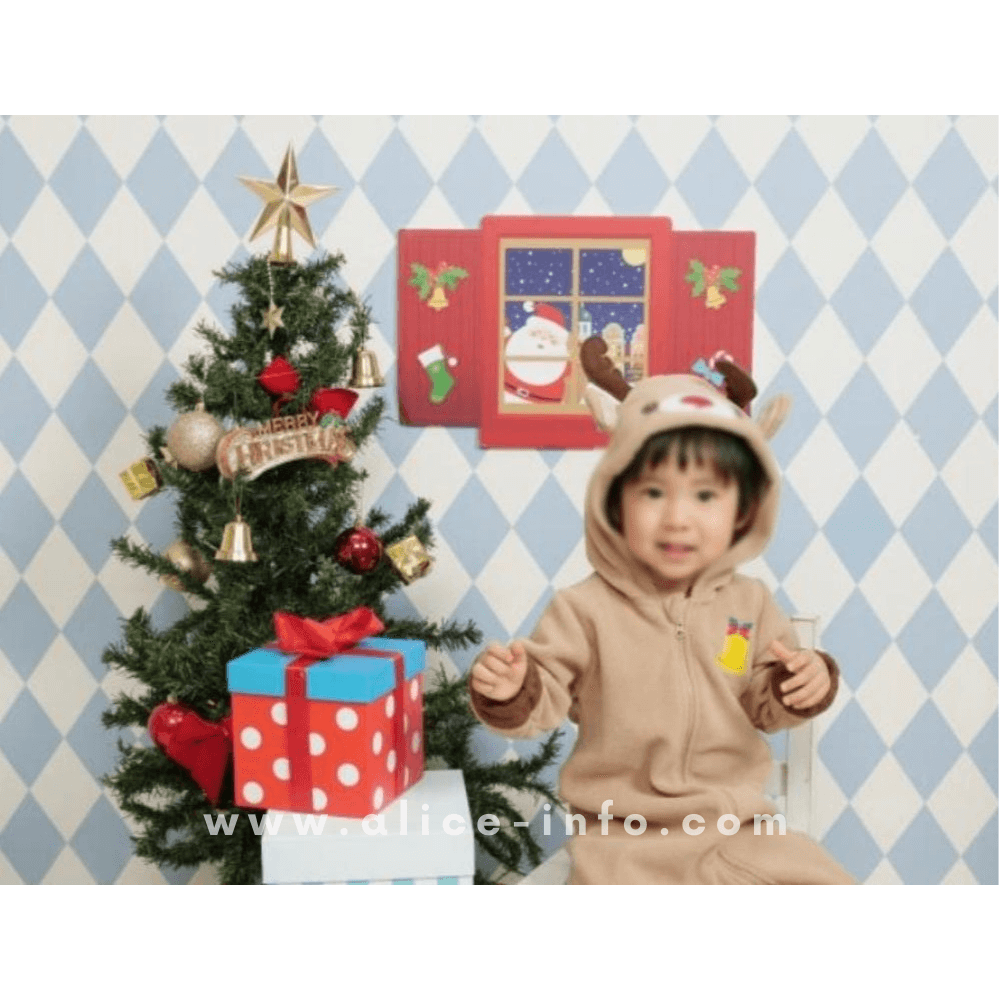 スタジオアリスでトナカイのロンパースを着て撮影した男の子のクリスマスフォト